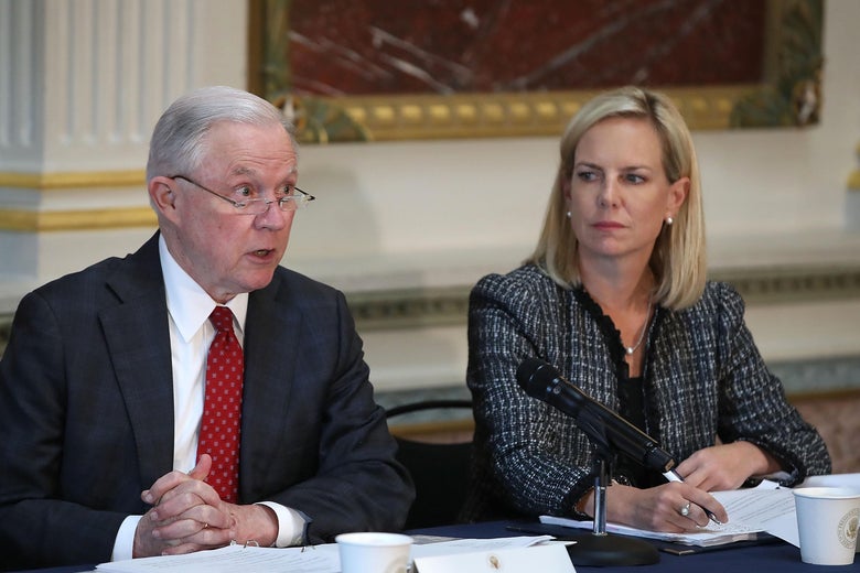Attorney General Jeff Sessions and Homeland Security Secretary Kirstjen Nielsen participate in a panel discussion on improving school safety on July 26.